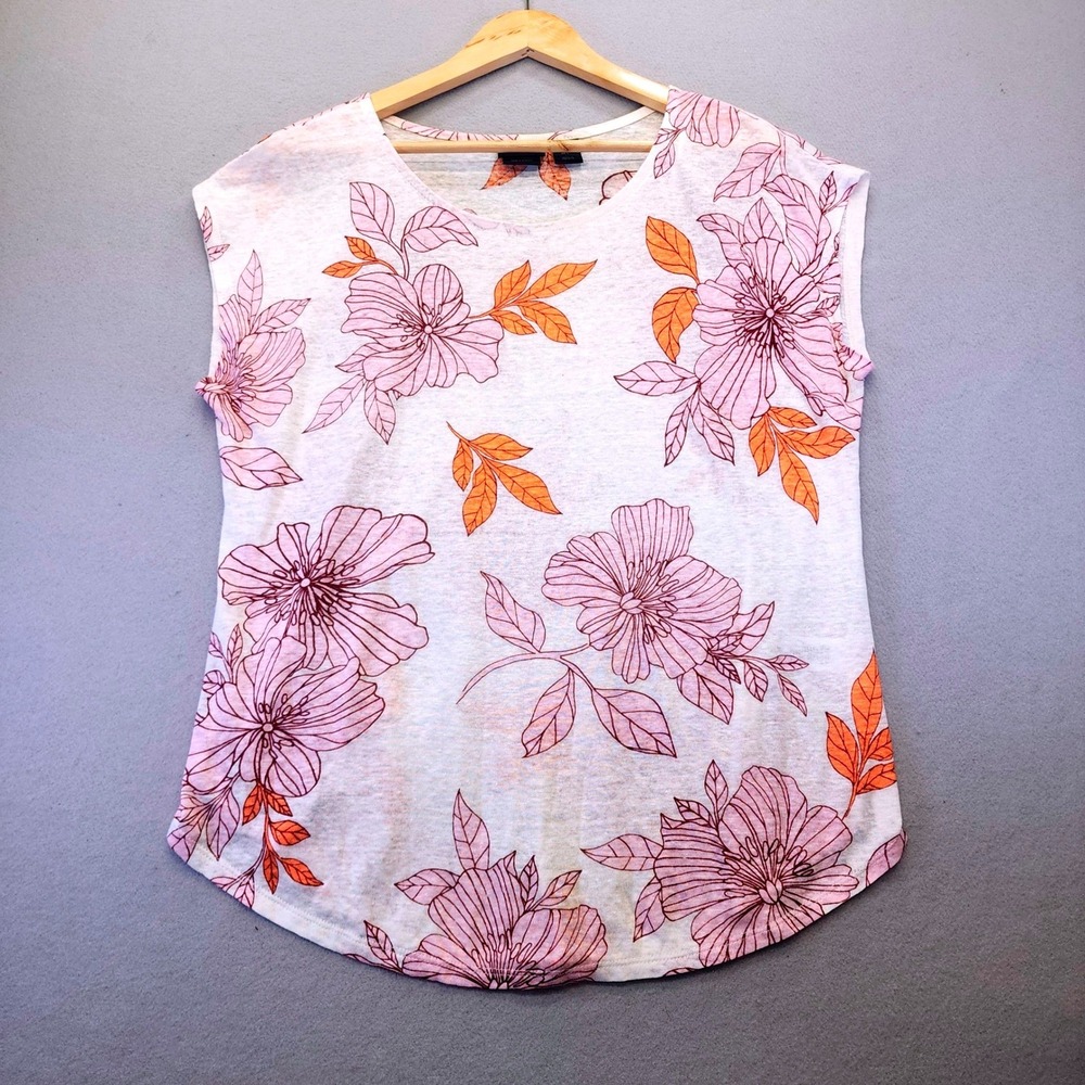 Rachel Rachel‎ Roy 100% Linen Floral Cap Sleeve Top White Purple Orange Large